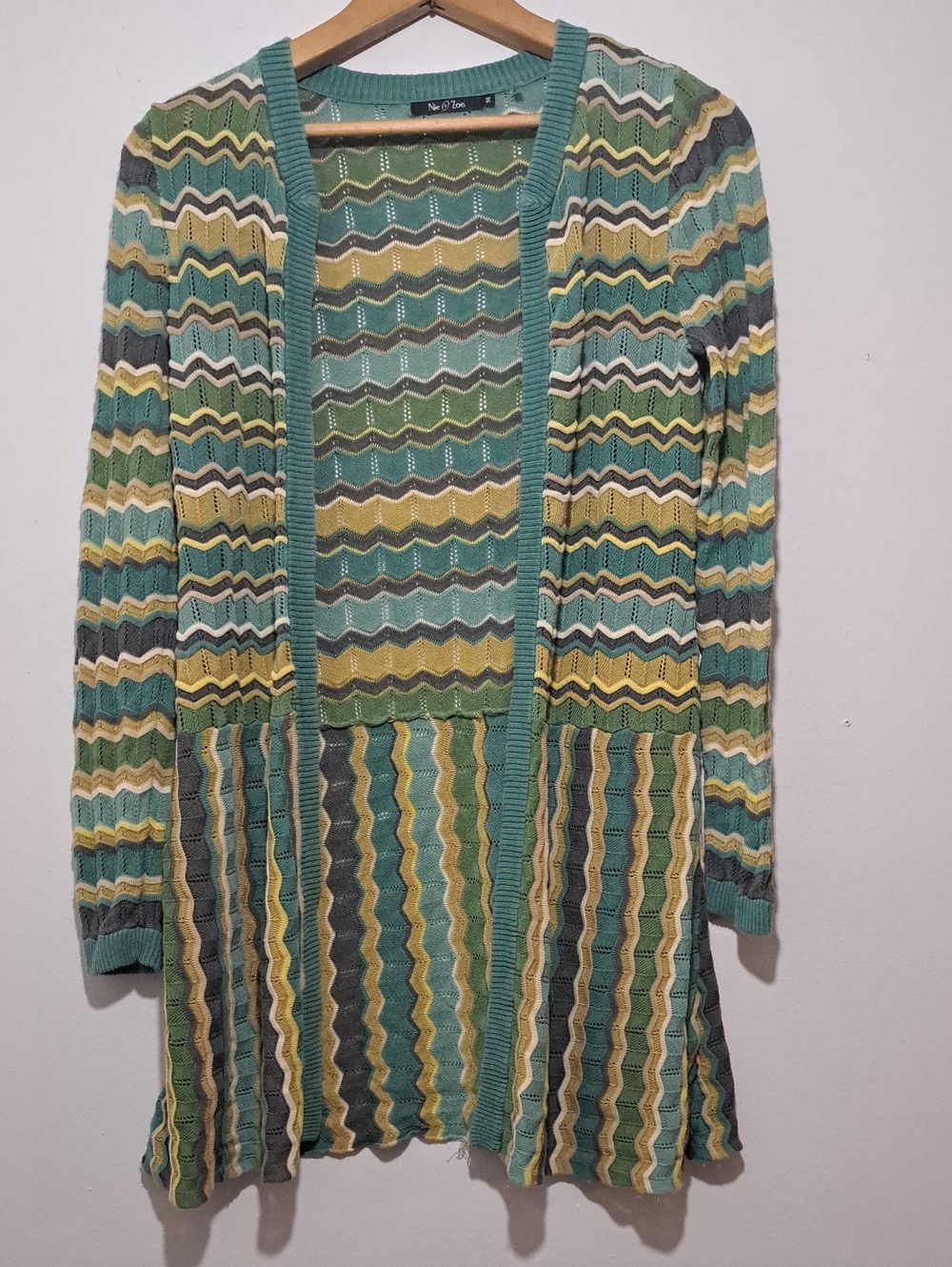 NIC+ZOE 100% Silk Chevron Open-Front Cardigan in Teal, Yellow, Green